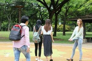 Jeune asiatique malais chinois homme femme Extérieur parc marcher supporter étude parler discuter point portable fichier livre sac à dos mêler amusement content photo
