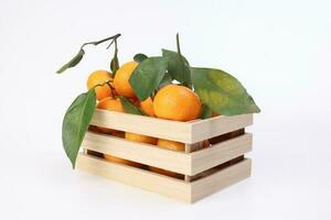 mandarin Orange vert feuille dans en bois boîte Caisse sur blanc Contexte photo