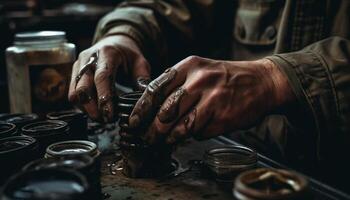 artisan mains forme argile sur poterie roue généré par ai photo