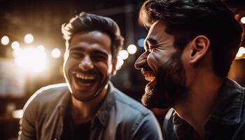 Jeune adultes souriant, profiter vie nocturne ensemble en plein air généré par ai photo