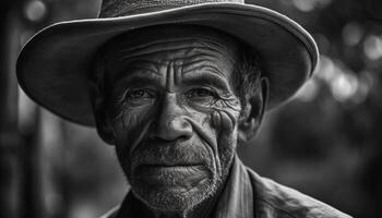 vieux agriculteur dans paille chapeau souriant en plein air généré par ai photo
