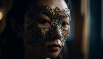 magnifique femme dans or masque incarne élégance généré par ai photo