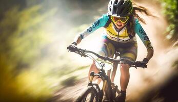 Montagne Cyclisme femme équitation sur bicyclette dans été montagnes forêt paysage, ai génératif photo