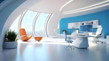 moderne futuriste intérieur Bureau conception avec chaud tons de bleu. futuriste conférence pièce intérieur. lieu de travail et entreprise concept. 3d le rendu, génératif ai illustration photo