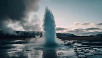 ébullition geyser en éruption, majestueux Montagne intervalle réflexion généré par ai photo