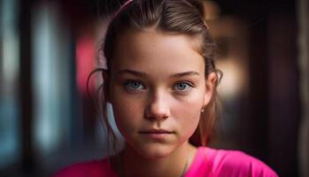 un fille avec marron cheveux souriant Heureusement généré par ai photo