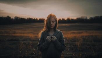 une solitaire femme des stands dans paisible la nature généré par ai photo