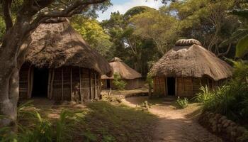 vieux chaume toit chalet dans africain paysage généré par ai photo