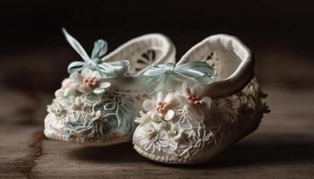 rustique mariage table décor chaussures, souvenir, fleur généré par ai photo