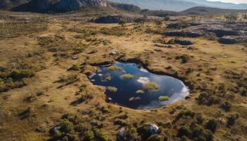 Montagne intervalle reflète dans tranquille l'eau au dessous de généré par ai photo