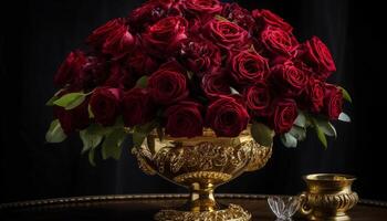 bouquet de élégance sur en bois table pièce maîtresse généré par ai photo