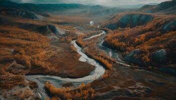 panoramique Montagne gamme, tranquille l'eau écoulement au dessous de généré par ai photo