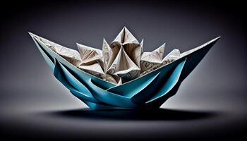origami voilier sur bleu l'eau reflétant le abstrait formes généré par ai photo