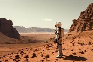 astronaute dans oued Rhum désert, Jordan. mixte médias, astronaute sur Mars permanent et à la recherche en dehors à le ciel, ai généré photo