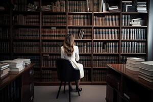 Jeune femme séance sur chaise dans bibliothèque et à la recherche à étagères, une femelle avocat séance en toute confiance immergé dans légal travail, ai généré photo