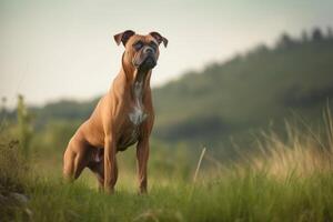 une Rhodesian Ridgeback chien est permanent dans le prairie. ai généré photo