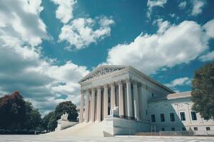 le uni États suprême tribunal bâtiment dans Washington cc, uni États. une ancien suprême tribunal à l'extérieur vue avec une bleu ciel, ai généré photo