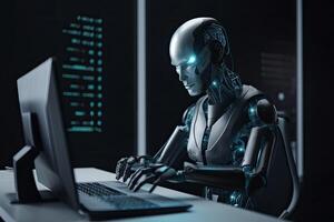 cyborg femme travail sur portable dans foncé bureau. 3d le rendu, une futuriste ai robot le piratage sites Internet en utilisant une ordinateur, ai généré photo
