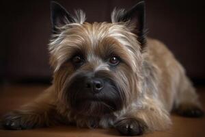 portrait de une cairn terrier mensonge sur le sol ai généré photo