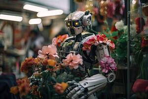 proche en haut de une robot vente fleurs à une fleur marché dans Bangkok, une robot fleuriste vente fleurs dans le marché, ai généré photo