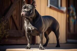 portrait de une génial Danois chien ou bouledogue permanent dans de face de le maison ai généré photo