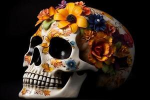 dia de los morts, journée de le mort, avec sucre crâne, coloré portrait de une crâne et fleurs, ai généré photo