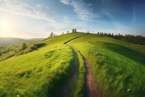 une pittoresque enroulement chemin par une champ avec vert herbe. ai généré illustration. photo