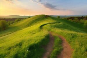 une pittoresque enroulement chemin par une champ avec vert herbe. ai généré illustration. photo