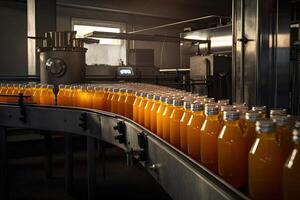 embouteillage ligne de Orange jus dans bouteilles à une moderne boisson usine, une boisson plante usine intérieur vue avec une convoyeur système, ai généré photo