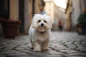 mignonne maltais chien permanent sur le pavé rue. ai généré photo