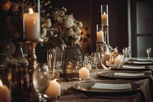 élégant table réglage avec bougies et fleurs dans ancien style. une magnifiquement décoré à manger table avec mariage décor et centres de table. ai généré photo