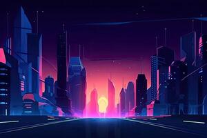ville à nuit avec néon lumières illustration, 3d Jeu ville futuriste dessin animé style bleu le coucher du soleil ai généré photo