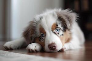 australien berger chiot avec bleu yeux mensonge sur le sol à maison. ai généré photo