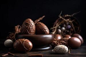 Pâques composition avec Chocolat des œufs et nid sur foncé en bois Contexte. ai généré. photo