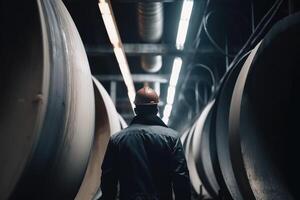 industriel ouvrier dans casque à la recherche à tuyaux dans une usine. un ingénieur arrière vue travail dans de face de acier tuyaux , ai généré photo