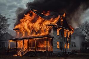 brûlant maison. Feu dans le vieux maison. brûlant maison. une maison est sur feu, ai généré photo