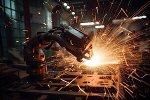 industriel robot soudage automobile les pièces dans le usine. automatisation fabrication et entretien concept. robot main soudage dans une usine rejoint métal Composants ensemble, des étincelles en volant, ai généré photo