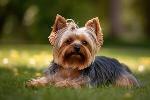 portrait de une mignonne Yorkshire terrier mensonge dans le herbe. ai généré photo