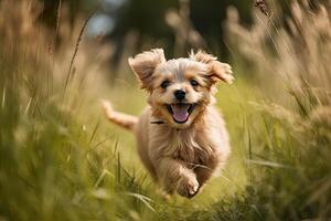 mignonne peu chien fonctionnement dans le herbe sur une ensoleillé journée. ai généré photo