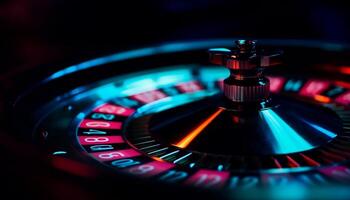 filage roulette roue illumine foncé casino, risquer richesse et dépendance généré par ai photo