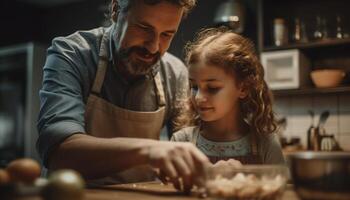 père et fille collage, en train de préparer biscuit pâte avec l'amour généré par ai photo