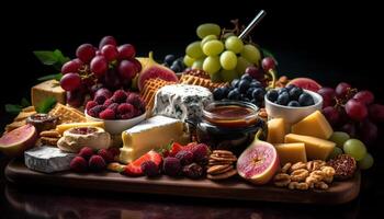 Frais gourmet plateau fruit, fromage, pain, des noisettes, et du vin généré par ai photo