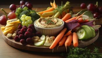 biologique végétarien salade avec Frais en bonne santé des légumes sur rustique bois table généré par ai photo