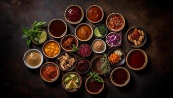 en bonne santé nourriture collection Frais herbes, épices, et des légumes pour cuisine généré par ai photo