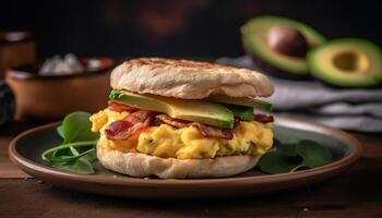 grillé Viande, avocat, et tomate sandwich sur rustique en bois table généré par ai photo