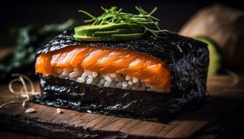 gourmet Fruit de mer repas Frais sashimi tranche sur en bois assiette généré par ai photo