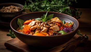 Frais légume salade avec fait maison pansement sur rustique en bois assiette généré par ai photo