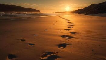 silhouette de Humain pied sur d'or le sable à des eaux bord généré par ai photo