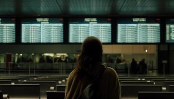 un la personne en attendant, séance, en train de regarder, en quittant aéroport Départ zone généré par ai photo