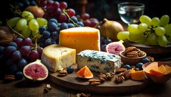 variété de gourmet les fromages sur rustique bois plateau pour apéritifs généré par ai photo